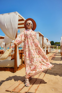 Şakayık Desen Elbise Somon