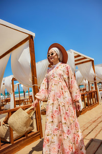 Şakayık Desen Elbise Somon