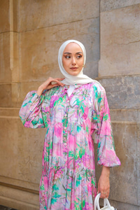 Şakayık Desenli Elbise Fuşya