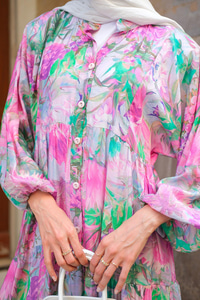 Şakayık Desenli Elbise Fuşya