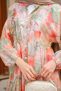 Şakayık Desenli Elbise Yeşil