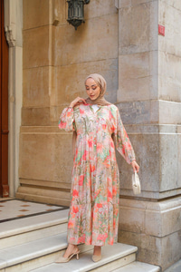 Şakayık Desenli Elbise Yeşil