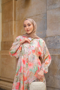 Şakayık Desenli Elbise Yeşil