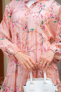 Sakura Çiçeği Desenli Elbise Pembe