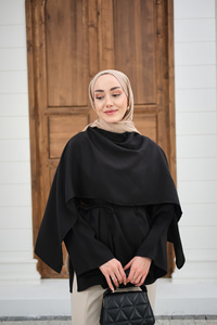 Şal Detay Bel Bağlamalı Bluz Siyah