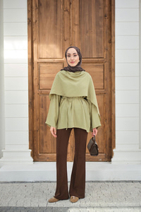 Şal Detay Bel Bağlamalı Bluz Yağ Yeşil