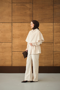 Şal Detay Bel Bağlamalı Gömlekli Takım Krem