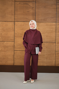 Şal Detay Bel Bağlamalı Gömlekli Takım Bordo