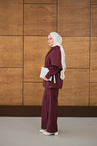 Şal Detay Bel Bağlamalı Gömlekli Takım Bordo