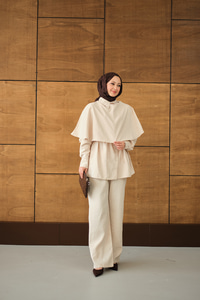 Şal Detay Bel Bağlamalı Gömlekli Takım Krem