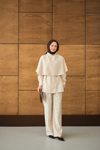 Şal Detay Bel Bağlamalı Gömlekli Takım Krem