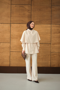 Şal Detay Bel Bağlamalı Gömlekli Takım Krem