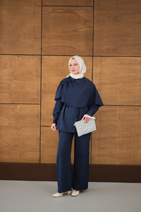 Şal Detay Bel Bağlamalı Gömlekli Takım Lacivert