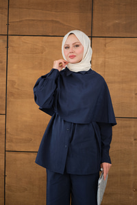 Şal Detay Bel Bağlamalı Gömlekli Takım Lacivert