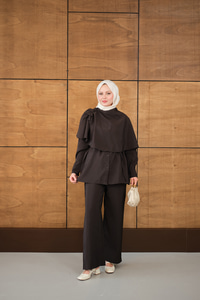 Şal Detay Bel Bağlamalı Gömlekli Takım Kahverengi