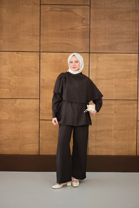 Şal Detay Bel Bağlamalı Gömlekli Takım Kahverengi