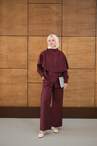 Şal Detay Bel Bağlamalı Gömlekli Takım Bordo