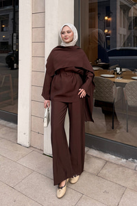 Şal Detay Bel Bağlamalı Takım Kahverengi