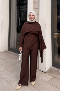 Şal Detay Bel Bağlamalı Takım Kahverengi