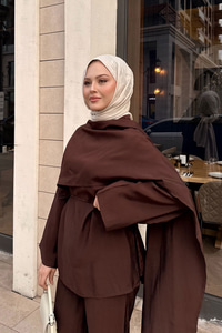 Şal Detay Bel Bağlamalı Takım Kahverengi