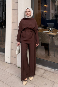 Şal Detay Bel Bağlamalı Takım Kahverengi