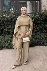 Şal Detay Bel Bağlamalı Takım Vizon