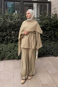 Şal Detay Bel Bağlamalı Takım Vizon