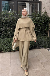 Şal Detay Bel Bağlamalı Takım Vizon