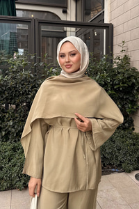 Şal Detay Bel Bağlamalı Takım Vizon