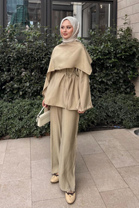 Şal Detay Bel Bağlamalı Takım Vizon