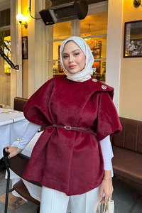 Şal Detay Kemerli Yelek Bordo
