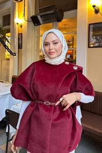 Şal Detay Kemerli Yelek Bordo