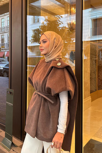 Şal Detay Kemerli Yelek Kahverengi