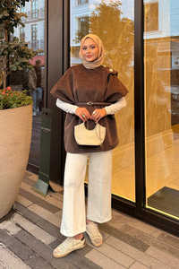 Şal Detay Kemerli Yelek Kahverengi