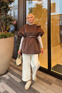 Şal Detay Kemerli Yelek Kahverengi