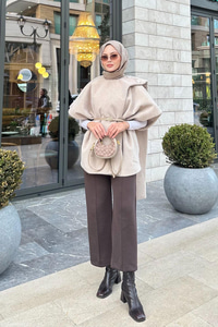 Şal Detay Kemerli Yelek Krem