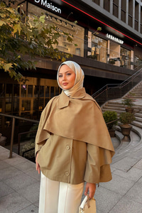 Şal Detay Kısa Trenç Haki Yeşil