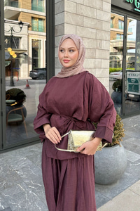 Şal Detay Pantolonlu Bel Bağlamalı Takım Bordo