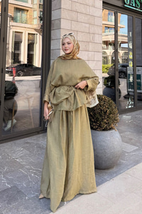 Şal Detay Pantolonlu Bel Bağlamalı Takım Yağ Yeşil