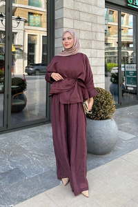 Şal Detay Pantolonlu Bel Bağlamalı Takım Bordo