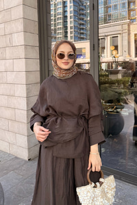 Şal Detay Pantolonlu Bel Bağlamalı Takım Kahverengi