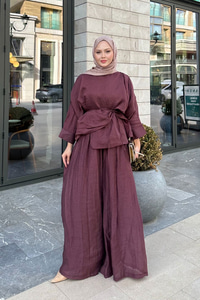 Şal Detay Pantolonlu Bel Bağlamalı Takım Bordo