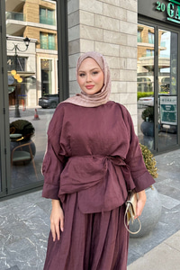 Şal Detay Pantolonlu Bel Bağlamalı Takım Bordo