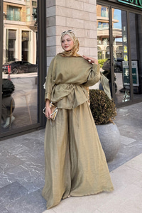 Şal Detay Pantolonlu Bel Bağlamalı Takım Yağ Yeşil