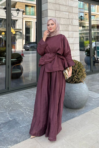 Şal Detay Pantolonlu Bel Bağlamalı Takım Bordo