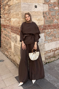 Şal Detay Pantolonlu Bel Bağlamalı Takım Kahverengi