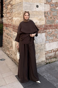 Şal Detay Pantolonlu Bel Bağlamalı Takım Kahverengi