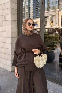 Şal Detay Pantolonlu Bel Bağlamalı Takım Kahverengi