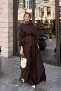 Şal Detay Pantolonlu Bel Bağlamalı Takım Kahverengi