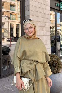 Şal Detay Pantolonlu Bel Bağlamalı Takım Yağ Yeşil